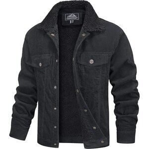 Mens Dark Grey Corduroy Jacket Sherpa Lined Warm Winter Trucker Cargo Coat